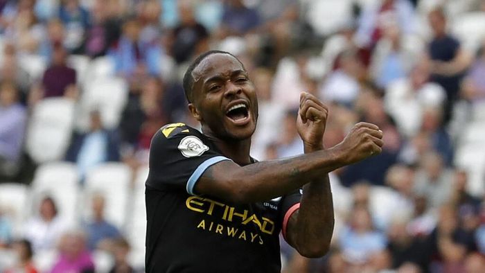 Sterling Manchester Citys Raheem Sterling celebrates after scoring his sides fifth goal during the English Premier League soccer match between West Ham United and Manchester City at London stadium in London, Saturday, Aug. 10, 2019. (AP Photo/Kirsty Wigglesworth)