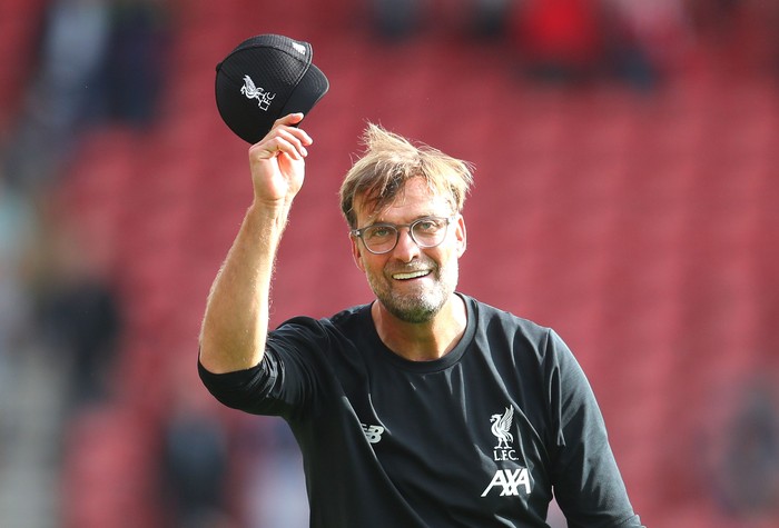 SOUTHAMPTON, ENGLAND - AUGUST 17: Jurgen Klopp, Manager of Liverpool acknowledges the fans following his teams victory in the Premier League match between Southampton FC and Liverpool FC at St Marys Stadium on August 17, 2019 in Southampton, United Kingdom. (Photo by Catherine Ivill/Getty Images)