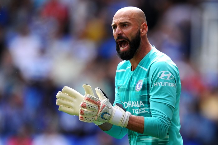 READING, ENGLAND - JULY 28: Willy Caballero of Chelsea reacts during the Pre-Season Friendly match between Reading and Chelsea at Madejski Stadium on July 28, 2019 in Reading, England. (Photo by Alex Burstow/Getty Images)