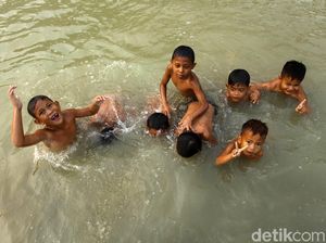Potret Keceriaan Anak-anak Berenang di Sungai Cipamingkis