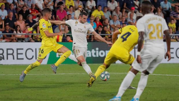 Soccer Football - La Liga Santander - Villarreal v Real Madrid - Estadio de la Ceramica, Villarreal, Spain - September 1, 2019   Real Madrid's Gareth Bale scores their second goal    REUTERS/Juan Medina