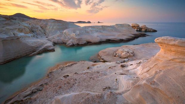 Famous Sarakiniko beach on Milos island, Greece.