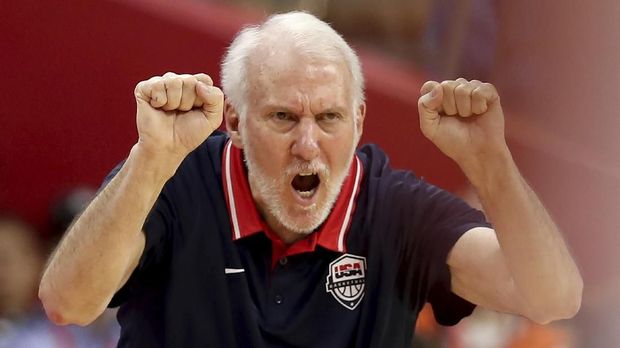United States' coach Gregg Popovich gestures during a quarterfinal match against France for the FIBA Basketball World Cup in Dongguan in southern China's Guangdong province on Wednesday, Sept. 11, 2019. France defeated United States 89-79. (AP Photo/Ng Han Guan)