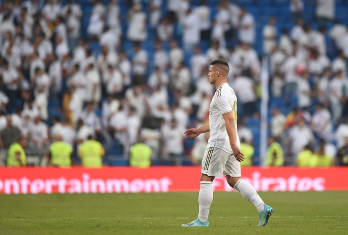 MADRID, SPAIN - AUGUST 24: Luka Jovic of Real Madrid reacts at the final whistle during the La Liga match between Real Madrid CF and Real Valladolid CF at Estadio Santiago Bernabeu on August 24, 2019 in Madrid, Spain. (Photo by Denis Doyle/Getty Images)