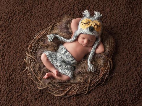 Four week old, newborn baby boy wearing a crocheted owl hat and shorts. He is sleeping on his back in a nest.