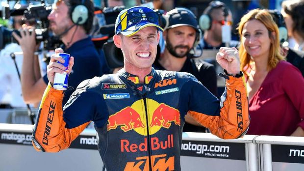 Spain's Pol Espargaro celebrates after setting the second fastest time for Sunday's San Marino Motorcycling Grand Prix, at the Misano circuit in Misano Adriatico, Italy, Saturday, Sept. 14, 2019. (Alessio Marini/ANSA via AP)