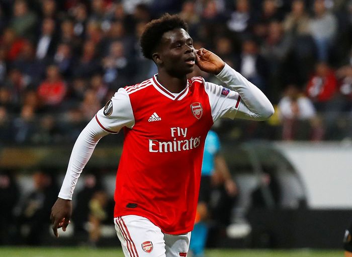 bukayo saka arsenal liga europa 2019/2020 Soccer Football - Europa League - Group F - Eintracht Frankfurt v Arsenal - Commerzbank-Arena, Frankfurt, Germany - September 19, 2019 Arsenals Bukayo Saka celebrates scoring their second goal REUTERS/Kai Pfaffenbach