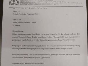 Beredar Surat Trisakti akan Beri Jokowi Gelar Putera Reformasi