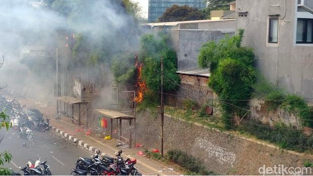 salah satu pohon terbakar di sebrang gedung DPR