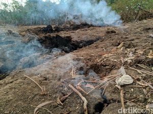 Meski Disiram Air, Api yang Keluar dari Tanah di Ponorogo Tak Padam