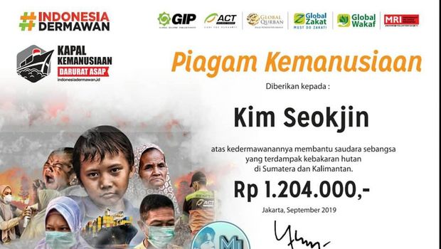 Jin Bts Dapat Piagam Kemanusiaan Dari Indonesia Dermawan