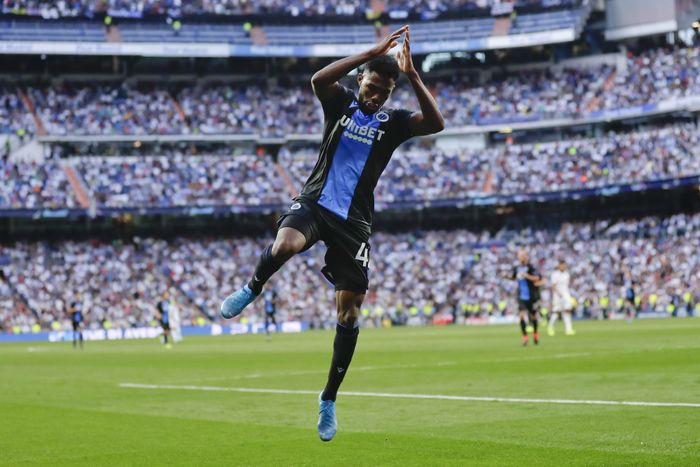 Emmanuel Dennis Brugges Emmanuel Dennis celebrates after scoring his sides second goal during the Champions League group A soccer match between Real Madrid and Club Brugge, at the Santiago Bernabeu stadium in Madrid, Tuesday, Oct.1, 2019. (AP Photo/Manu Fernandez)