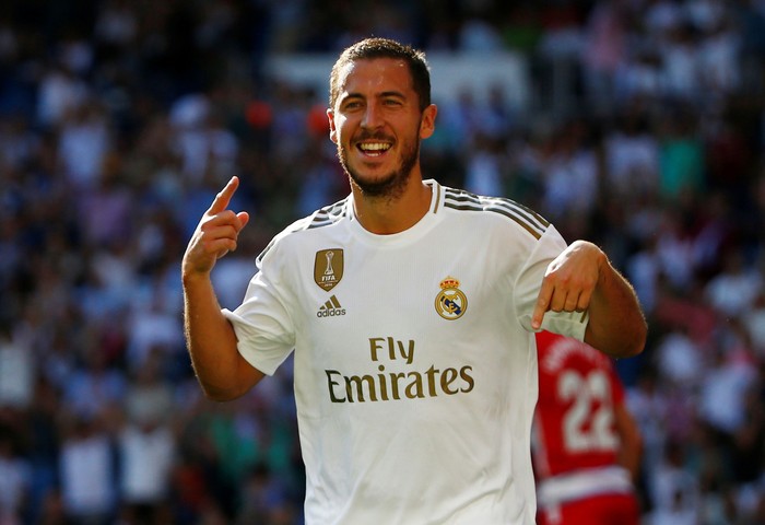 Soccer Football - La Liga Santander - Real Madrid v Granada - Santiago Bernabeu, Madrid, Spain - October 5, 2019  Real Madrids Eden Hazard celebrates scoring their second goal   REUTERS/Javier Barbancho