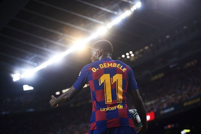 BARCELONA, SPAIN - OCTOBER 06: Ousmane Dembele of FC Barcelona looks on during the Liga match between FC Barcelona and Sevilla FC at Camp Nou on October 06, 2019 in Barcelona, Spain. (Photo by Aitor Alcalde/Getty Images)