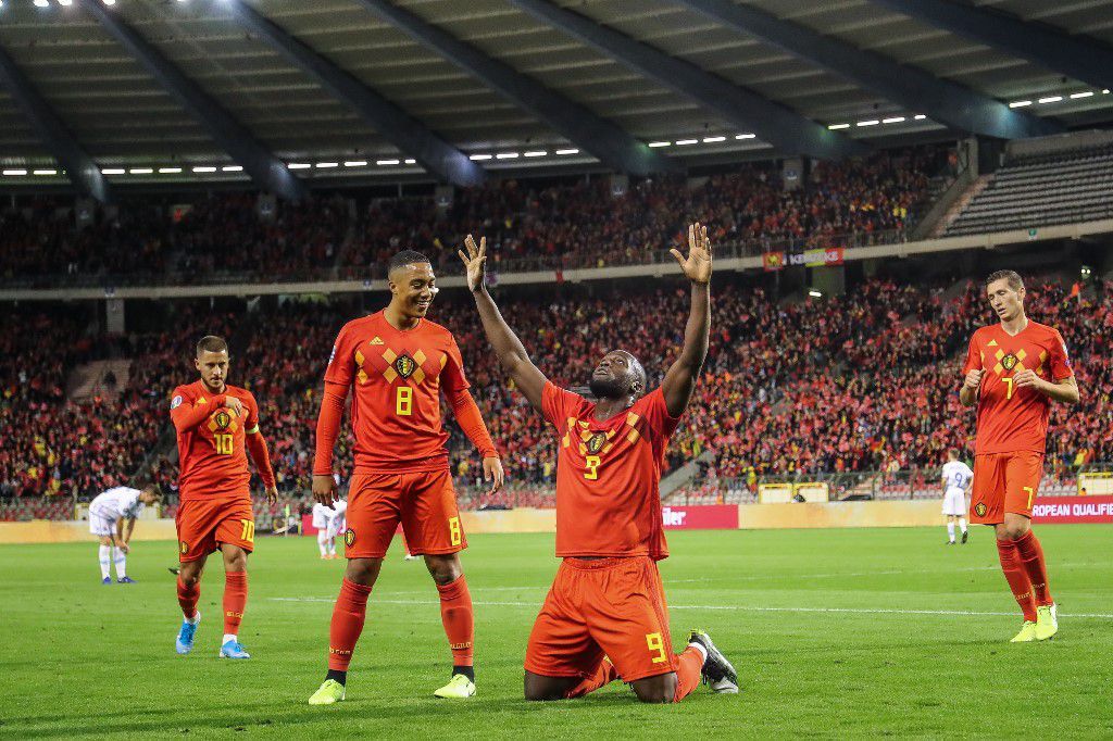 Belgium's Romelu Lukaku celebrates after scoring a goal during the Euro 2020 qualifier group I football game between Belgium and San Marino on October 10, 2019 in Brussels. (Photo by BRUNO FAHY / BELGA / AFP) / Belgium OUT