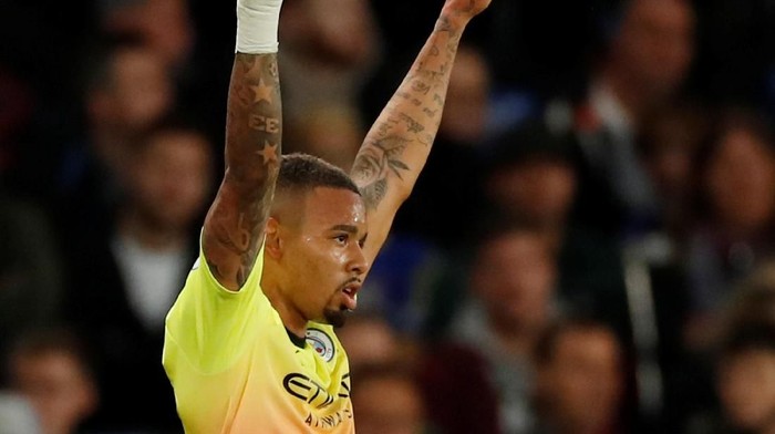 Soccer Football - Premier League - Crystal Palace v Manchester City - Selhurst Park, London, Britain - October 19, 2019   Manchester Citys Gabriel Jesus celebrates scoring their first goal     Action Images via Reuters/Andrew Boyers    EDITORIAL USE ONLY. No use with unauthorized audio, video, data, fixture lists, club/league logos or live services. Online in-match use limited to 75 images, no video emulation. No use in betting, games or single club/league/player publications.  Please contact your account representative for further details.