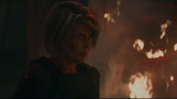 Sarah Cornor di konferensi pers Terminator: Dark Fate di Korea Selatan.