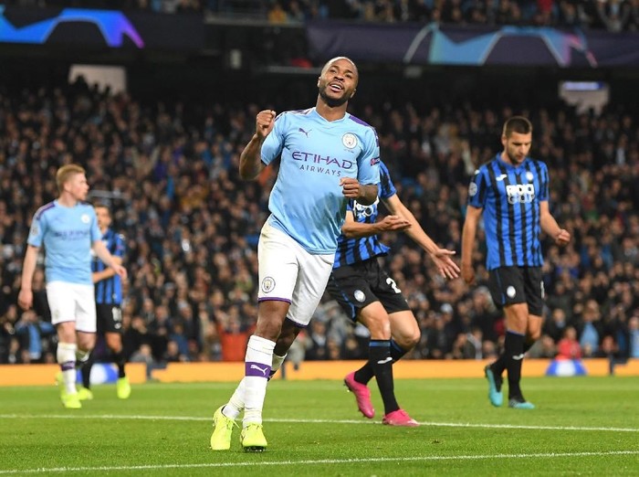 MANCHESTER, ENGLAND - OCTOBER 22: Raheem Sterling of Manchester City celebrates after scoring his team's third goal during the UEFA Champions League group C match between Manchester City and Atalanta at Etihad Stadium on October 22, 2019 in Manchester, United Kingdom. (Photo by Michael Regan/Getty Images)