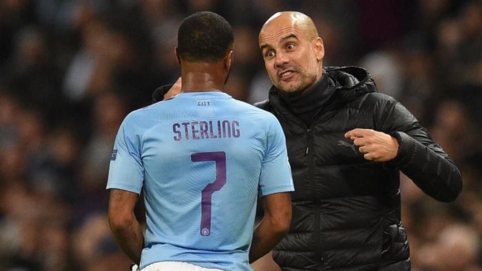 Josep Guardiola Manchester Citys Spanish manager Pep Guardiola (R) talks with Manchester Citys English midfielder Raheem Sterling (L) during the UEFA Champions League Group C football match between Manchester City and Atalanta at the Etihad Stadium in Manchester, northwest England on October 22, 2019. (Photo by Oli SCARFF / AFP)
