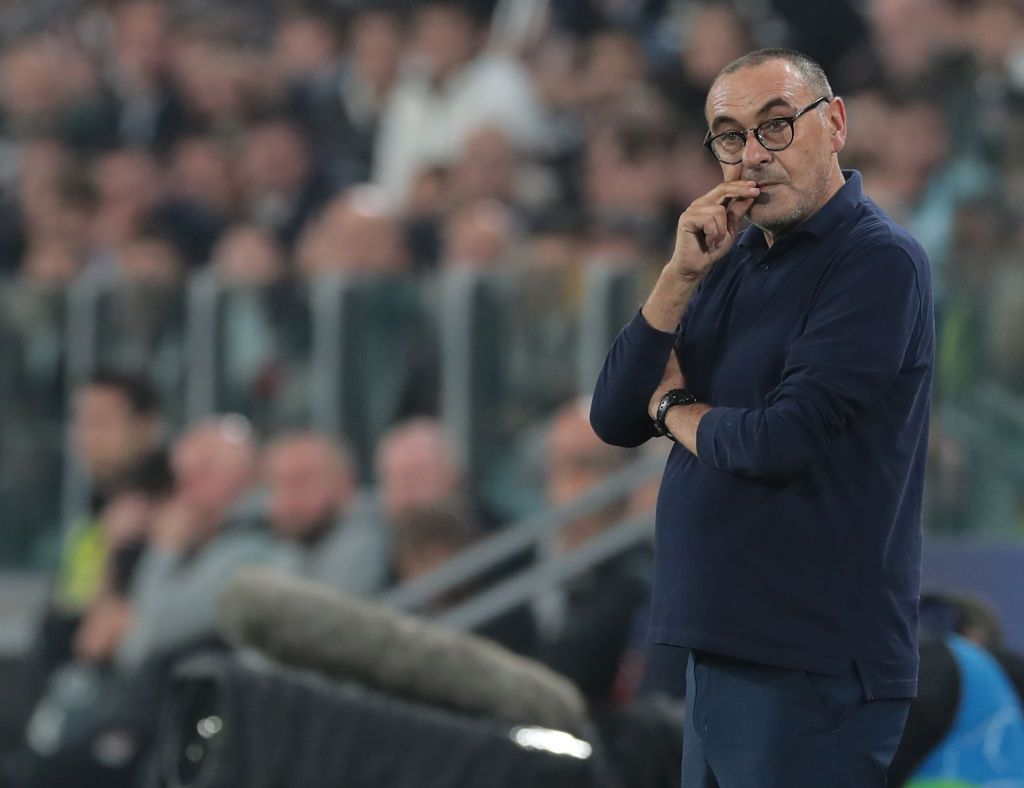 TURIN, ITALY - OCTOBER 22:  Juventus coach Maurizio Sarri looks on during the UEFA Champions League group D match between Juventus and Lokomotiv Moskva at Allianz Stadium on October 22, 2019 in Turin, Italy.  (Photo by Emilio Andreoli/Getty Images)