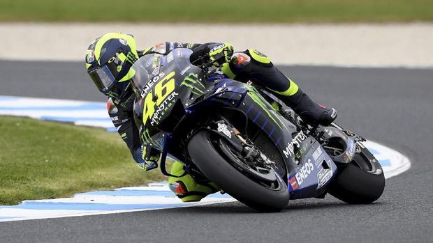 Monster Energy Yamaha rider Valentino Rossi of Italy enters a turn during free practice at the Australian Motorcycle Grand Prix at Phillip Island, near Melbourne, Australia, Saturday, Oct. 26, 2019. (AP Photo/Andy Brownbill)