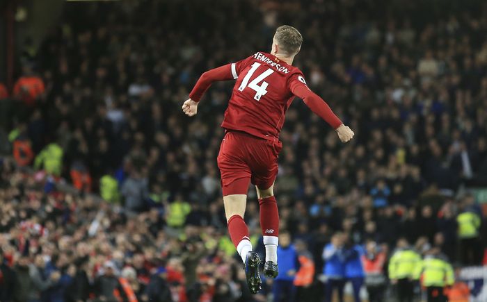 Jordan Henderson Liverpools Jordan Henderson celebrates after scoring his sides opening goal during the English Premier League soccer match between Liverpool and Tottenham Hotspur at Anfield stadium in Liverpool, England, Sunday, Oct. 27, 2019. (AP Photo/Jon Super)