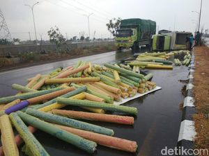 Truk Muat Kain Gelondongan Terguling di Jalur Arteri Porong, Dua Orang Luka