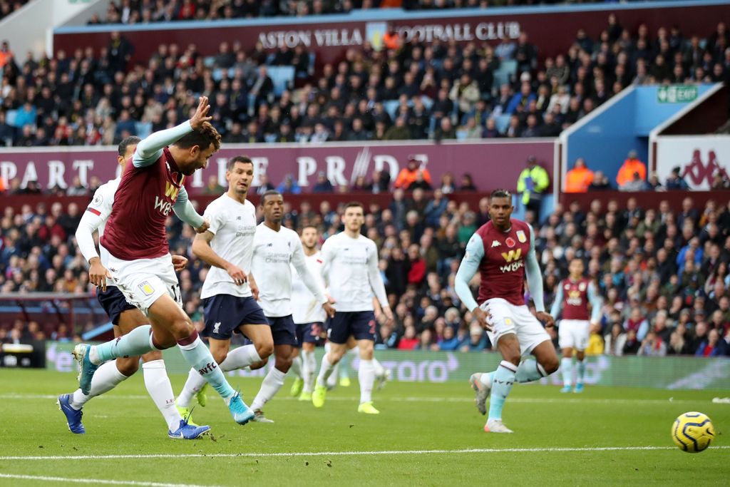 BIRMINGHAM, ENGLAND - NOVEMBER 02: Trezeguet of Aston Villa scores his team's first goal during the Premier League match between Aston Villa and Liverpool FC at Villa Park on November 02, 2019 in Birmingham, United Kingdom. (Photo by Marc Atkins/Getty Images)