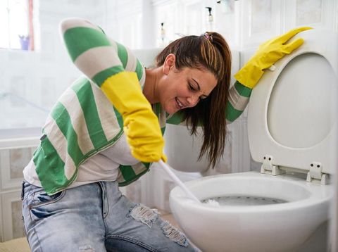 Shot of a young woman cleaning a bathroom toilet