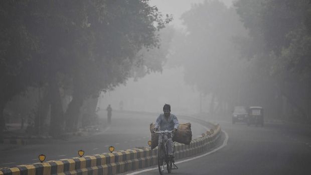A man rides his bicycle along a road under heavy smog conditions, in New Delhi on November 3, 2019. - India's capital New Delhi was enveloped in heavy, toxic smog on November 3 -- the worst levels in recent years -- with flights diverted or delayed as politicians blamed each other for failing to tackle the crisis. Every winter, the megacity of 20 million people is blanketed by a poisonous smog of car fumes, industrial emissions and smoke from stubble burning at farms in neighbouring states. (Photo by Sajjad HUSSAIN / AFP)