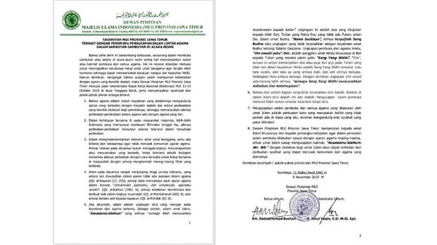 MUI Jatim Imbau Pejabat Muslim Tak Ucapkan Salam Agama Lain