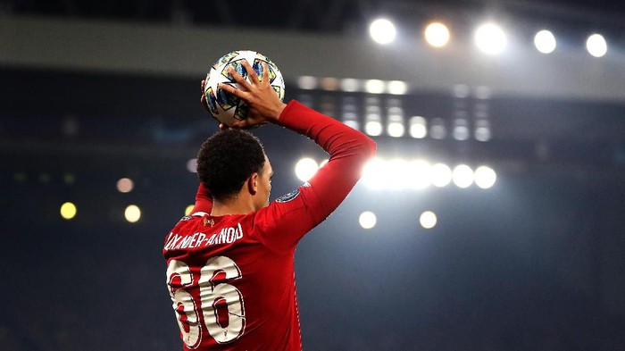 LIVERPOOL, ENGLAND - NOVEMBER 05: Trent Alexander-Arnold of Liverpool takes a throw-in during to the UEFA Champions League group E match between Liverpool FC and KRC Genk at Anfield on November 05, 2019 in Liverpool, United Kingdom. (Photo by Alex Pantling/Getty Images)