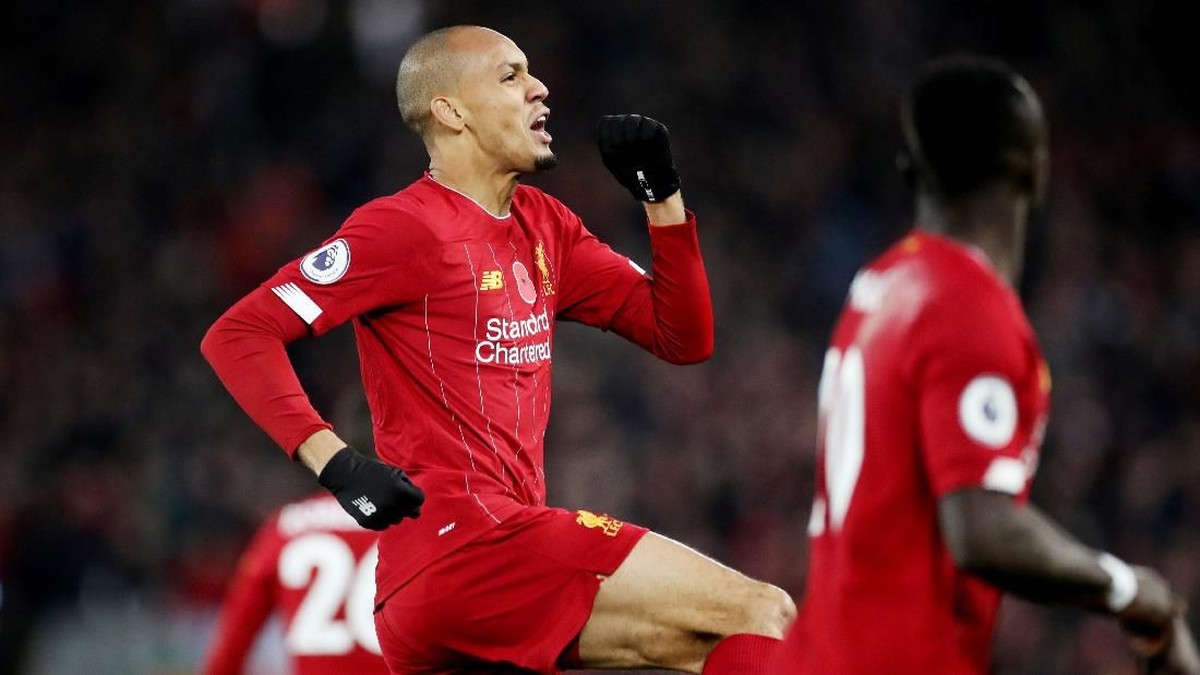 Gol Fabinho di awal babak pertama membuka keunggulan Liverpool atas Manchester City (Foto: Carl Recine/Action Images via Reuters)