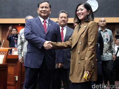 Senyum Prabowo dan Meutya Hafid di Raker Komisi I-Kemenhan