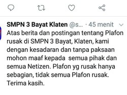 Guru SMPN di Klaten Minta Maaf Usai Posting Plafon Kelas Rusak