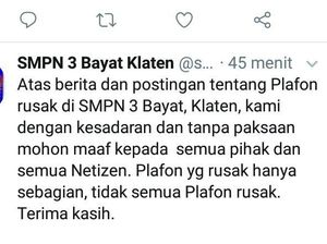 Guru SMPN di Klaten Minta Maaf Usai Posting Plafon Kelas Rusak Guru SMPN di Klaten Minta Maaf Usai Posting Plafon Kelas Rusak