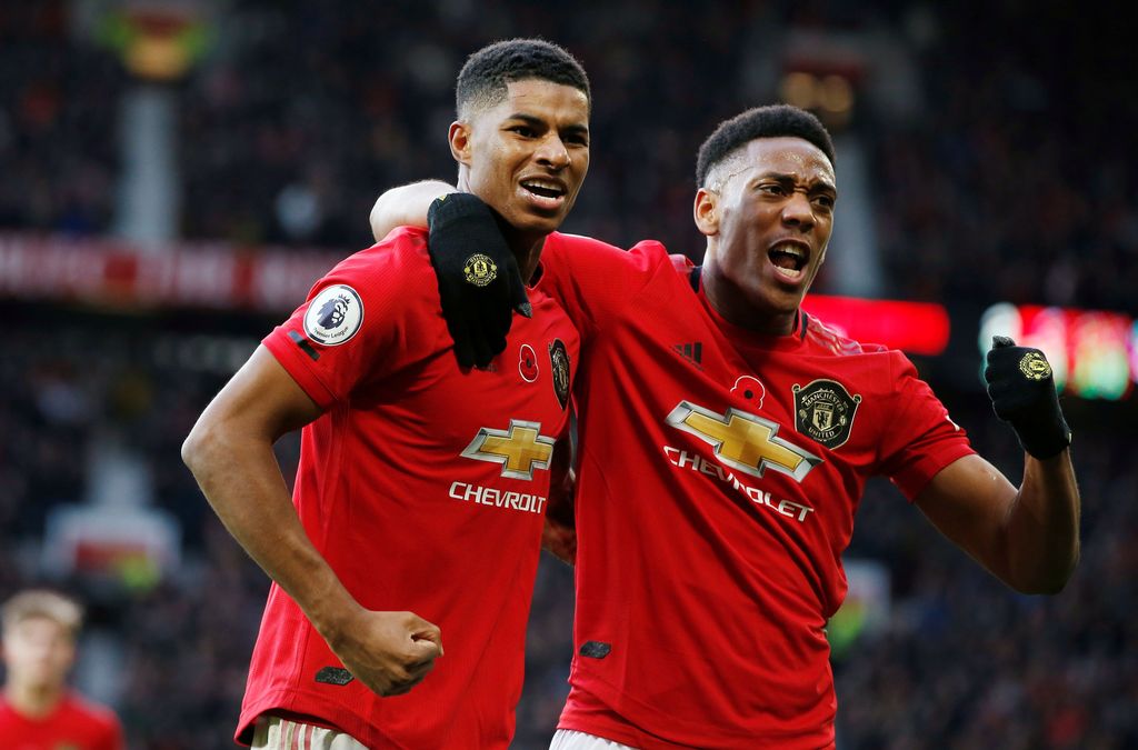 Soccer Football - Premier League - Manchester United v Brighton & Hove Albion - Old Trafford, Manchester, Britain - November 10, 2019  Manchester United's Marcus Rashford celebrates scoring their third goal with Anthony Martial                  REUTERS/Andrew Yates  EDITORIAL USE ONLY. No use with unauthorized audio, video, data, fixture lists, club/league logos or 
