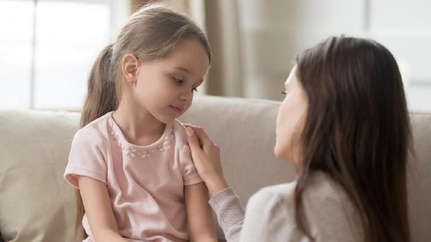 Loving worried mom psychologist consoling counseling talking to upset little child girl showing care give love support, single parent mother comforting sad small sullen kid daughter feeling offended