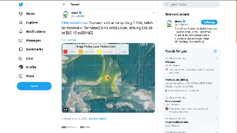 BMKG: Tsunami Terdeteksi di Ternate dan Bitung