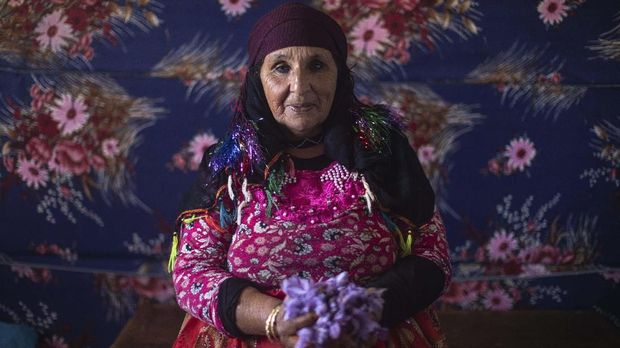 In this Tuesday, Nov. 5, 2019 photo, Biya Tamir, 60, a villager who is part of a women Saffron cooperative, poses for a portrait during harvest season in Askaoun, a small village near Taliouine, in Morocco's Middle Atlas Mountains. The saffron plants bloom for only two weeks a year and the flowers, each containing three crimson stigmas, become useless if they blossom, putting pressure on the women to work quickly and steadily. (AP Photo/Mosa'ab Elshamy)