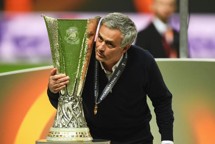 Jose Mourinho STOCKHOLM, SWEDEN - MAY 24: Jose Mourinho, Manager of Manchester United holds the trophy following victory in the UEFA Europa League Final between Ajax and Manchester United at Friends Arena on May 24, 2017 in Stockholm, Sweden. (Photo by Mike Hewitt/Getty Images)