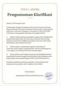 Klarifikasi TOUS les JOURS dalam Facebook resminya