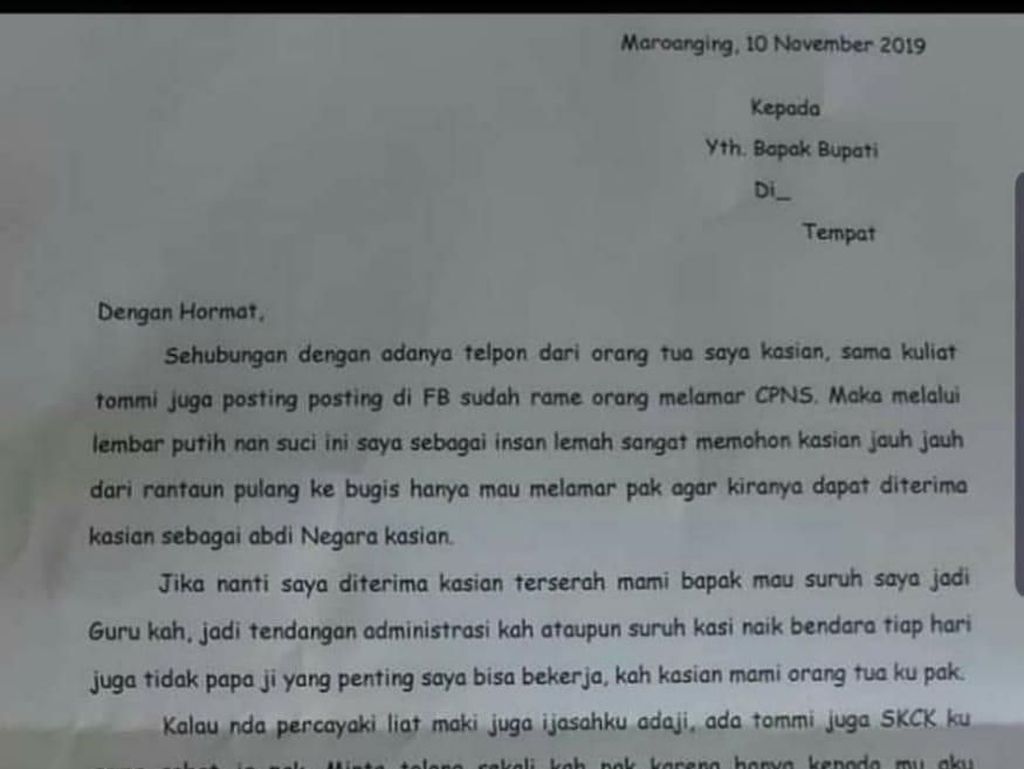 Ramai di Medsos, Pemuda Sulsel Surati Bupati Mohon Diterima Jadi CPNS Ramai di Medsos, Pemuda Sulsel Surati Bupati Mohon Diterima Jadi CPNS