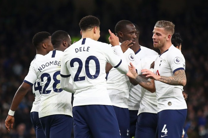 LONDON, ENGLAND - NOVEMBER 30:  Dele Alli of Tottenham Hotspur celebrates with teammates after scoring his teams second goal during the Premier League match between Tottenham Hotspur and AFC Bournemouth  at Tottenham Hotspur Stadium on November 30, 2019 in London, United Kingdom. (Photo by Julian Finney/Getty Images)