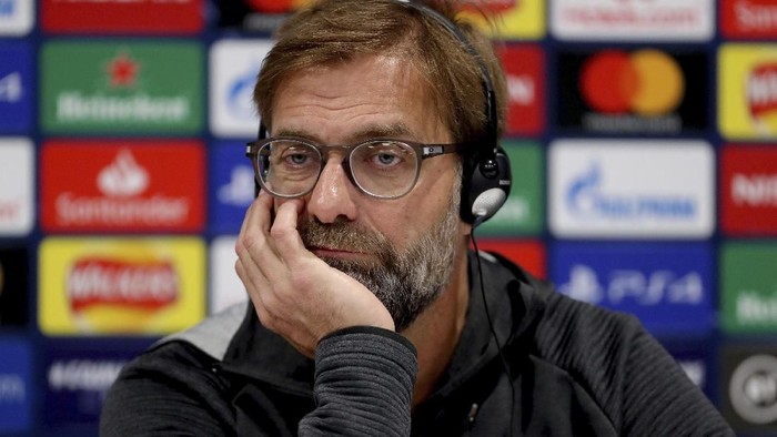 Liverpool manager Jurgen Klopp during the press conference at Anfield in Liverpool, England, Tuesday Nov. 26, 2019. Liverpool will play Napoli in a Champions League Group E soccer match on Wednesday. (Richard Sellers/PA via AP)