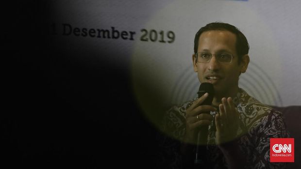 Menteri Pendidikan dan Kebudayaan (Mendikbud) Nadiem Anwar Makarim saat menyampaikan pokok kebijakan bidang pendidikan pada Rapat Koordinasi. Jakarta, Rabu, 11 Desember 2019. CNNIndonesia/Adhi Wicaksono.
