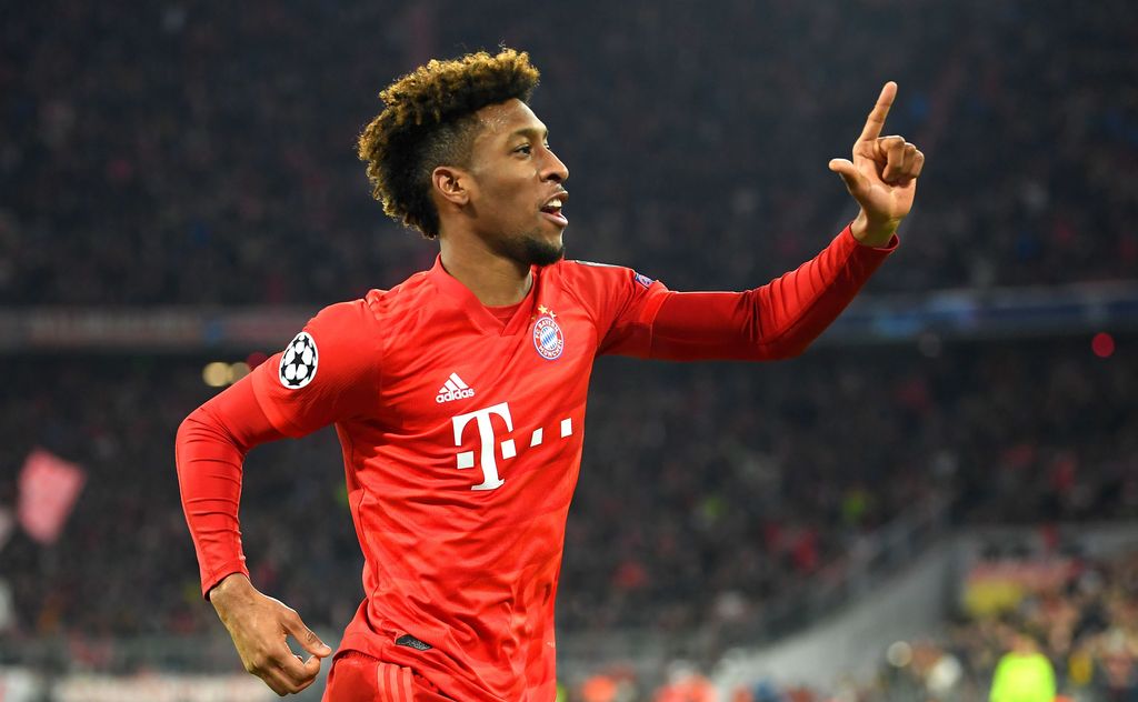 MUNICH, GERMANY - DECEMBER 11: Kingsley Coman of FC Bayern Munich celebrates after scoring his team's first goal during the UEFA Champions League group B match between Bayern Muenchen and Tottenham Hotspur at Allianz Arena on December 11, 2019 in Munich, Germany. (Photo by Michael Regan/Getty Images)