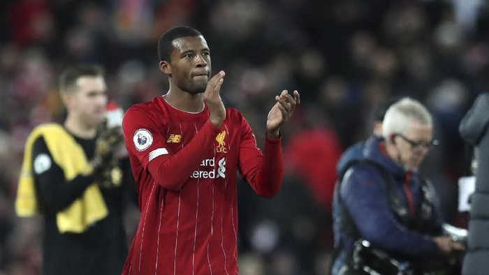 Liverpools Georginio Wijnaldum, is seen after the end of the English Premier League soccer match between Liverpool and Everton at Anfield Stadium, Liverpool, England, Wednesday, Dec. 4, 2019. Liverpool beat Everton 5-2. (AP Photo/Jon Super)