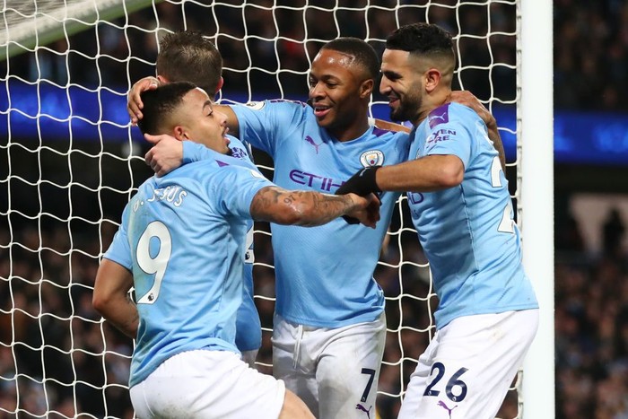 MANCHESTER, ENGLAND - DECEMBER 21: Gabriel Jesus of Manchester City celebrates with teammates after scoring his teams third goal during the Premier League match between Manchester City and Leicester City at Etihad Stadium on December 21, 2019 in Manchester, United Kingdom. (Photo by Clive Brunskill/Getty Images)