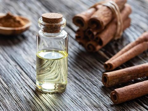 A bottle of essential oil with cinnamon bark on a rustic background